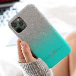 Girly silver glitter teal ombre monogrammed iPhone 11 case<br><div class="desc">Girly silver glitter ombre sparkles monogrammed on editable bright teal aqua.</div>