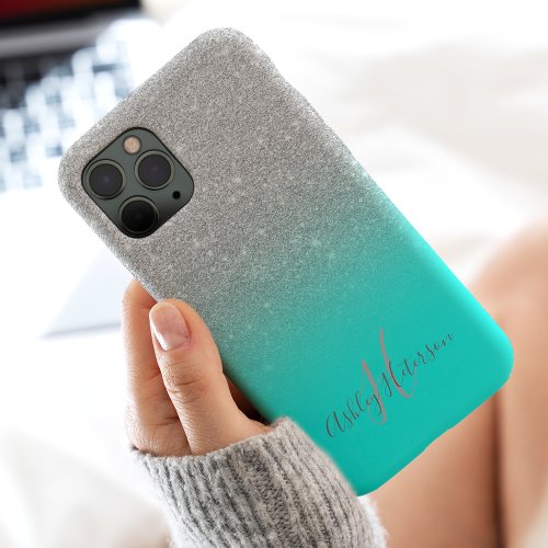Girly silver glitter teal ombre monogrammed iPhone 11 case