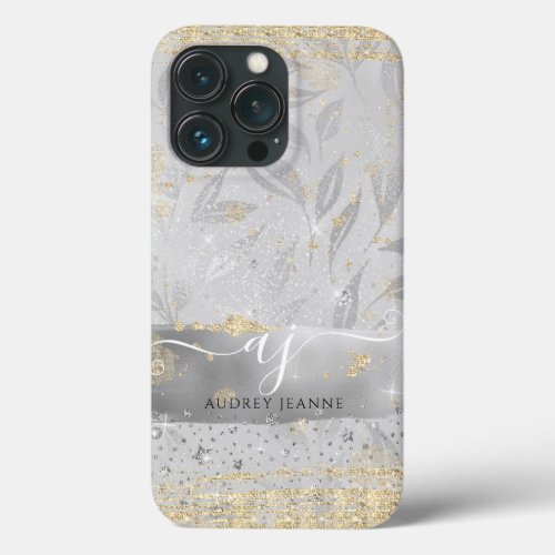 Girly Silver Gold Glitter Jewels w Script Initials iPhone 13 Pro Case