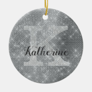 Girly Silver Gray Diamond Sparkle Monogram Name Ceramic Ornament
