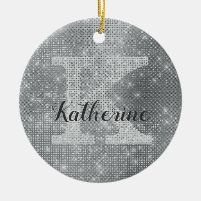 Girly Silver Gray Diamond Sparkle Monogram Name Ceramic Ornament (Front)