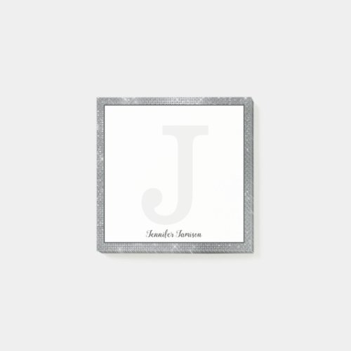 Girly Silver Gray Glam Sparkle Small Monogram Name Post_it Notes