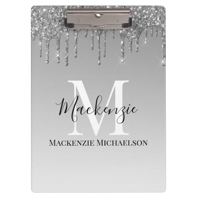 Girly Silver Gray Glitter Monogram Name   Clipboard (Front)