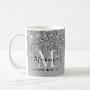 Girly Silver Gray Glitter Monogram Name Coffee Mug