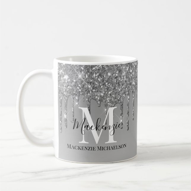 Girly Silver Gray Glitter Monogram Name   Coffee Mug (Left)
