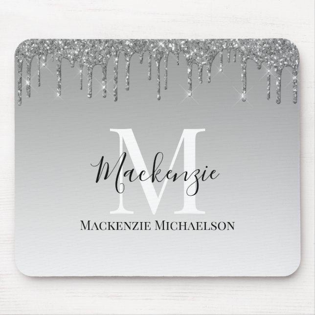 Girly Silver Gray Glitter Monogram Name   Mouse Pad (Front)