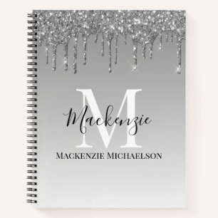Girly Silver Gray Glitter Monogram Name Notebook
