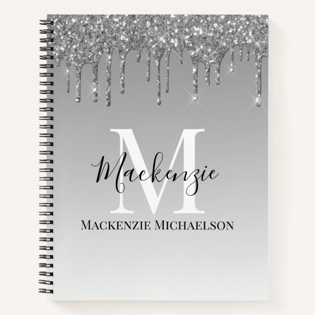 Girly Silver Gray Glitter Monogram Name Notebook (Front)