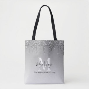Girly Silver Gray Glitter Monogram Name   Tote Bag