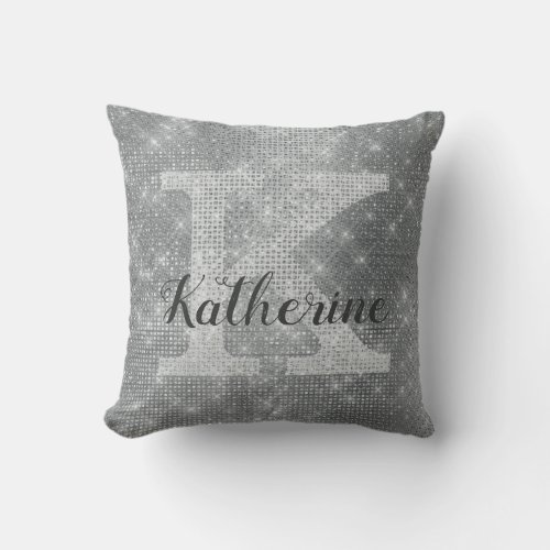 Girly Silver Gray Glitter Sparkle Monogram Name Throw Pillow