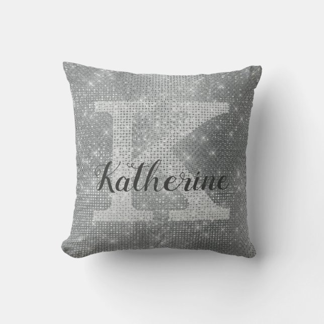 Girly Silver Gray Glitter Sparkle Monogram Name Throw Pillow (Front)