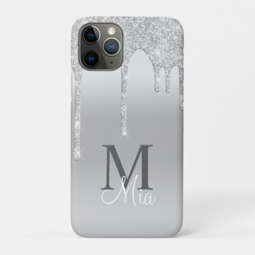 Girly Silver Gray Sparkle Glitter Bling Monogram  iPhone 11 Pro Case