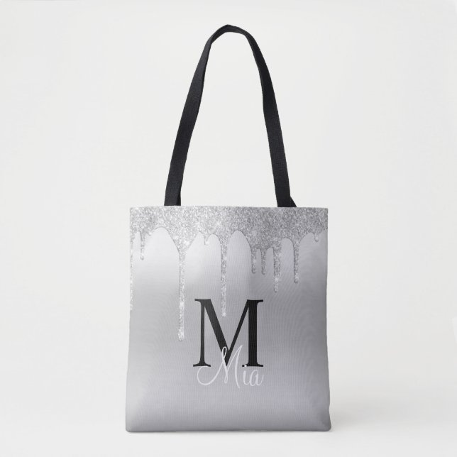 Girly Silver Gray Sparkle Glitter Monogram Tote Ba Bag (Front)