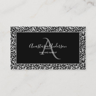 Girly Silver Leopard Spots Fun Chic Black Monogram Business Card