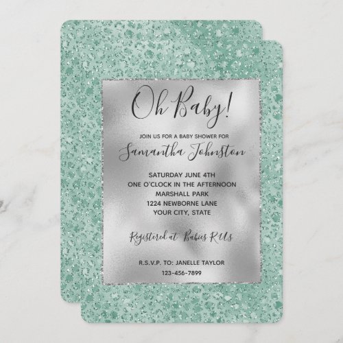 Girly Silver Mint Glitter Glitz Leopard print Invitation