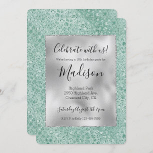 Girly Silver Mint Glitter Glitz Leopard print Invitation