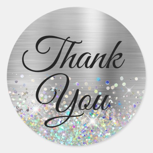 Girly Silver Ombre Holo Glitter Thank You Classic Round Sticker