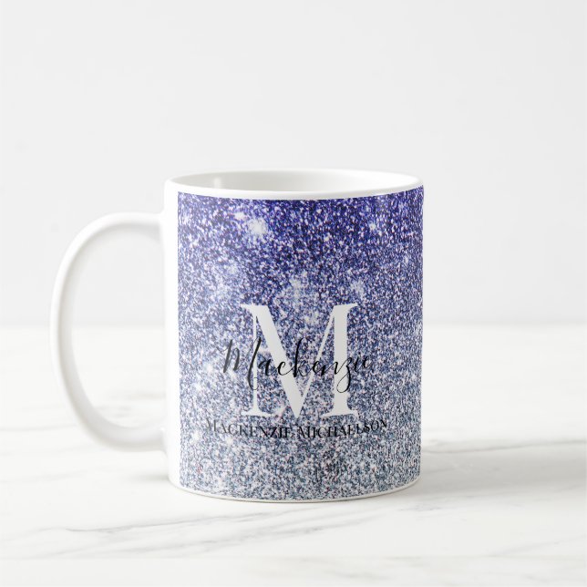 Girly Silver Purple Ombre Glitter Monogram Name  Coffee Mug (Left)