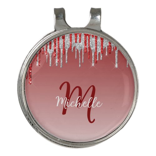 Girly Silver Red Glitter Drip Monogram Golf Hat Clip