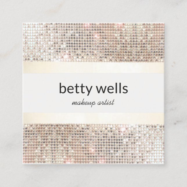 Girly Silver Sequin Striped Makeup Artist Square Business Card (Front)