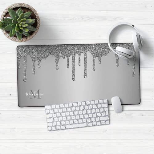 Girly Silver Sparkle Glitter Drips Monogram Desk Mat
