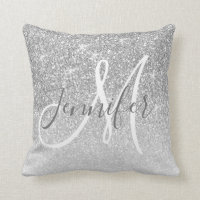 Girly Silver Sparkle Glitter Grey Monogram Name Throw Pillow