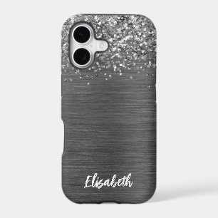 Girly Silver Sparkle Glitter Monogram Name iPhone 17 Case