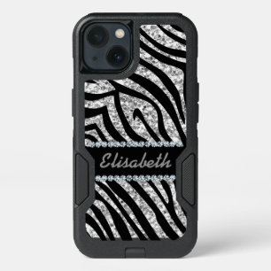 GIRLY SILVER ZEBRA glitter print Diamond monogram iPhone 13 Case