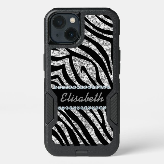 GIRLY SILVER ZEBRA glitter print Diamond monogram Otterbox iPhone Case (Back)