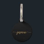 Girly Simple Black and Gold Monogram Script Pet ID Tag<br><div class="desc">Girly Simple Minimalist Black And Gold Monogram Name Script Custom Personalized Female Dog or Puppy Name Pet ID tag. These design featuring your first name in a pretty hand lettered style swash tail font signature typography on black and gold background. This cute, girly Dog Tag can be customized with your...</div>