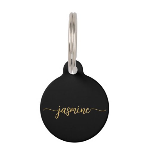 Girly Simple Black and Gold Monogram Script Pet ID Tag