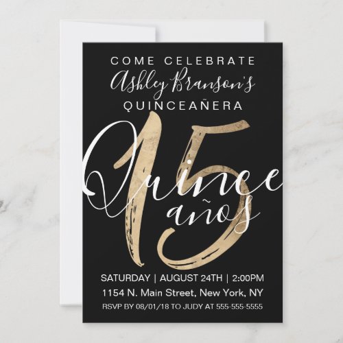 Girly Simple Black and White Gold Foil Quinceaera Invitation