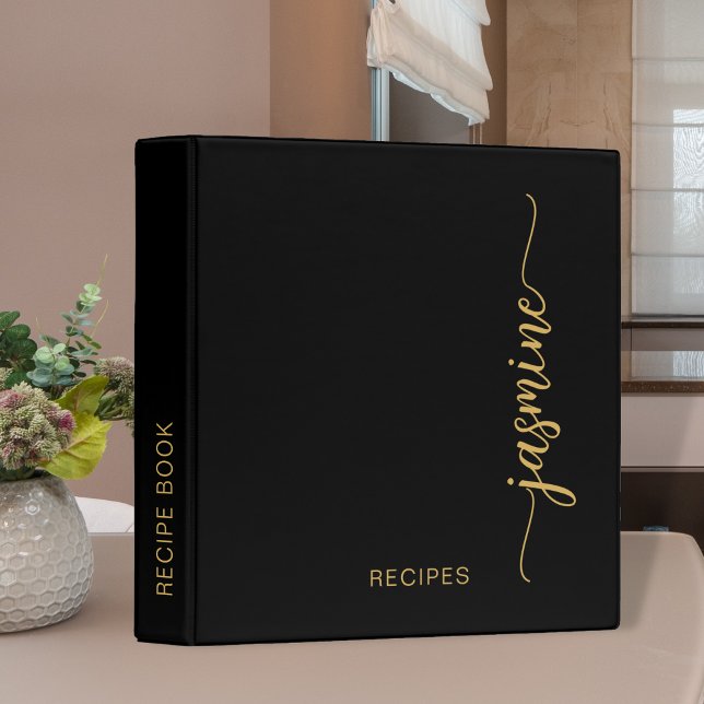 Girly Simple Black Gold Monogram Cookbook Recipe 3 Ring Binder (Creator Uploaded)