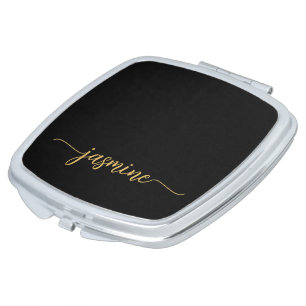 Girly Simple Black Gold Personalized Monogram Compact Mirror