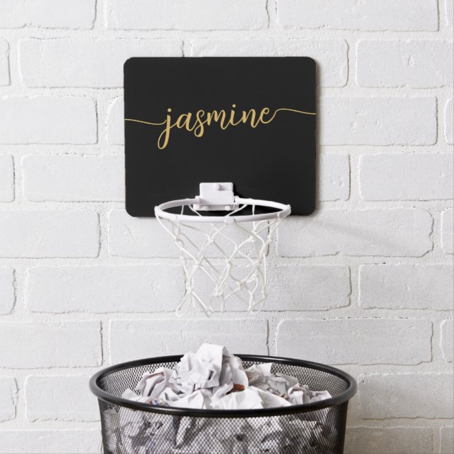 Girly Simple Black Gold Personalized Monogram Mini Basketball Hoop (In Situ)