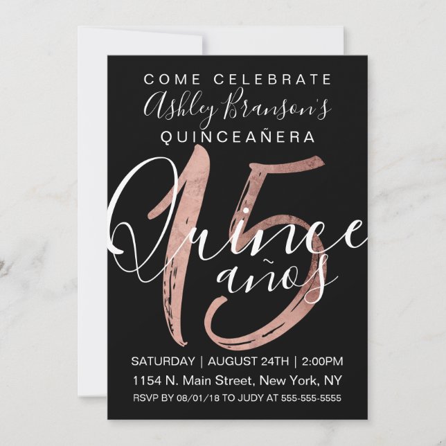 Girly Simple Black Rose Gold Foil Quinceañera Invitation (Front)
