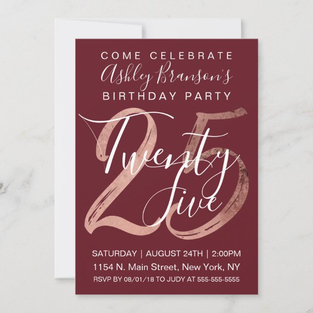 Girly Simple Burgundy Rose Gold Foil 25th Birthday Invitation (Front)