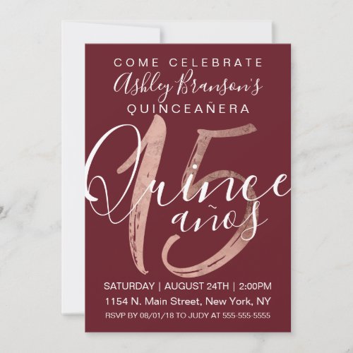 Girly Simple Burgundy Rose Gold Foil Quinceaera Invitation