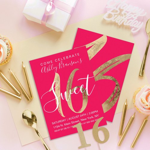 Girly Simple Gold Foil Neon Pink Sweet 16 Invitation