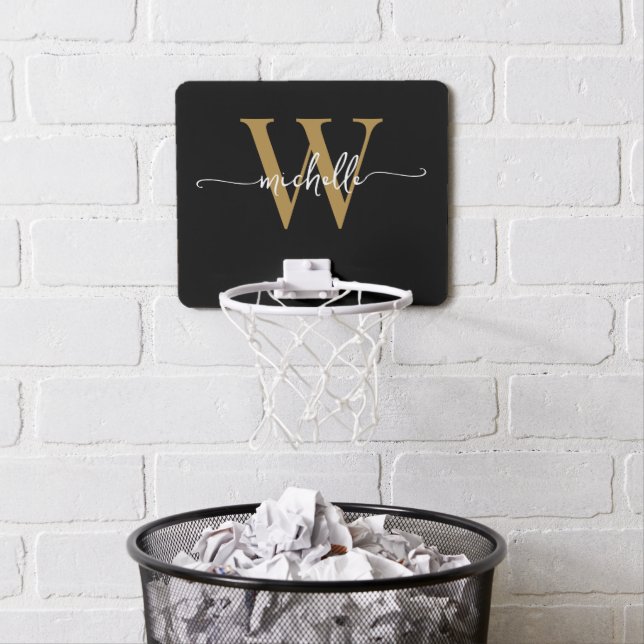 Girly Simple Modern Monogram Name Black Gold  Mini Basketball Hoop (In Situ)