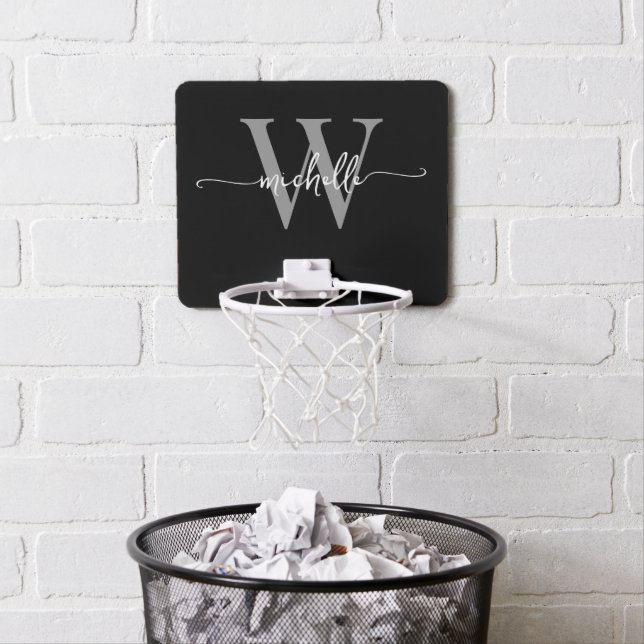 Girly Simple Modern Monogram Name Black Gray Mini Basketball Hoop (In Situ)