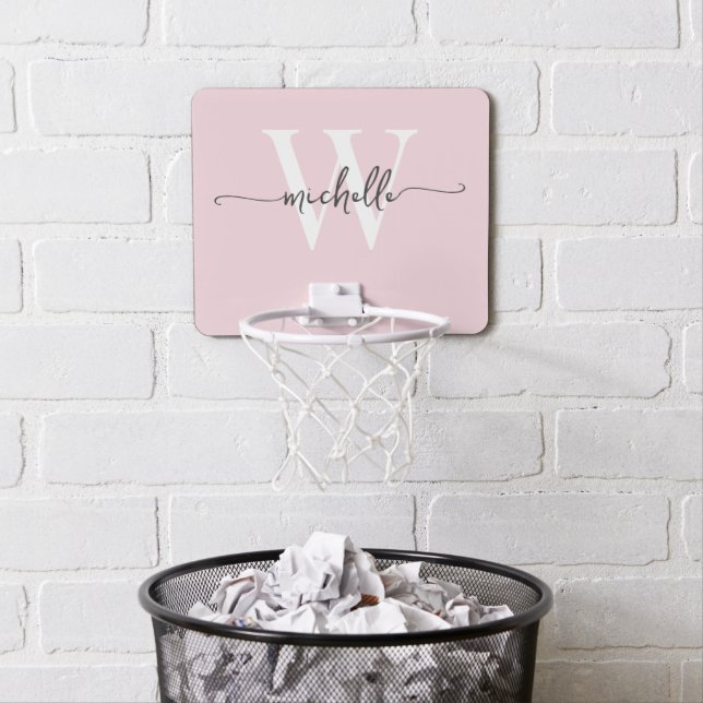 Girly Simple Modern Monogram Name Blush Pink Mini Basketball Hoop (In Situ)