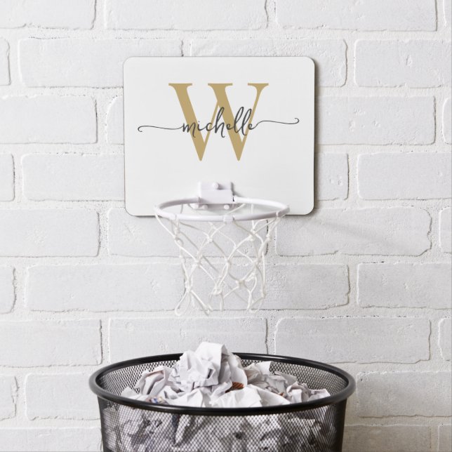 Girly Simple Modern Monogram Name White Gold  Mini Basketball Hoop (In Situ)