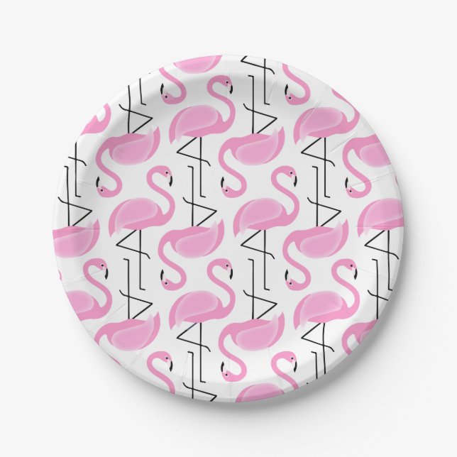 Girly Simple Modern Pink Flamingo Pattern Paper Plates (Front)