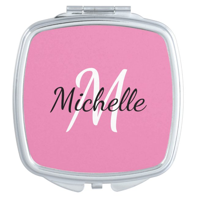 Girly Simple Pink Monogram Initial + Name Compact Mirror (Front)