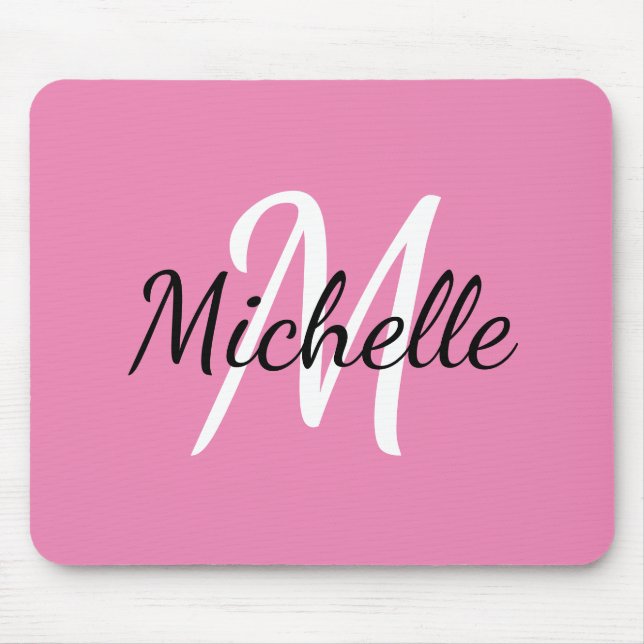 Girly Simple Pink Monogram Initial + Name Mouse Pad (Front)
