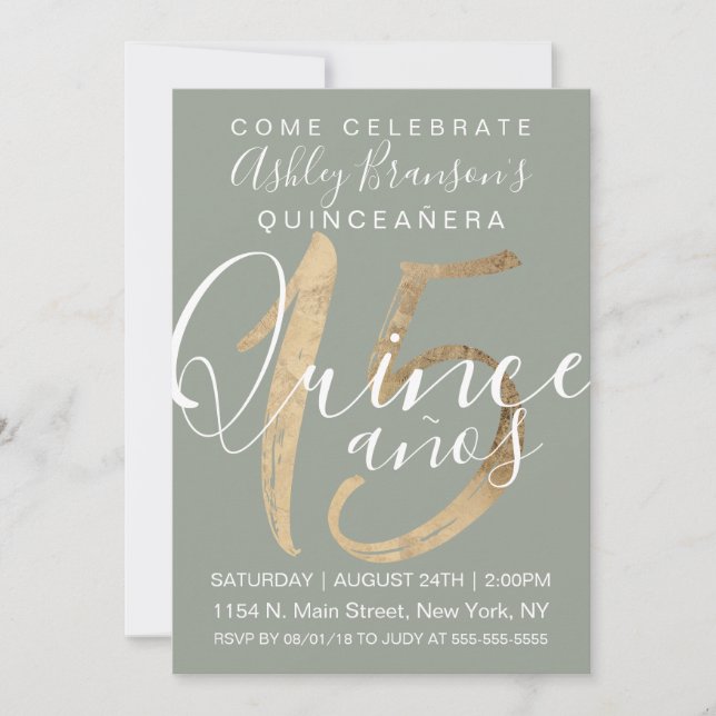 Girly Simple Sage Green Gold Foil Quinceañera Invitation (Front)