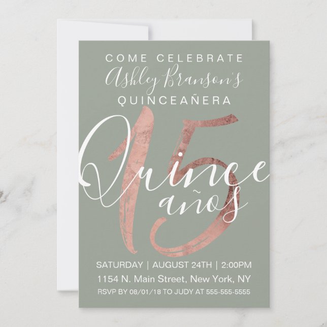 Girly Simple Sage Green Rose Gold Foil Quinceañera Invitation (Front)