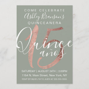 Girly Simple Sage Green Rose Gold Foil Quinceañera Invitation