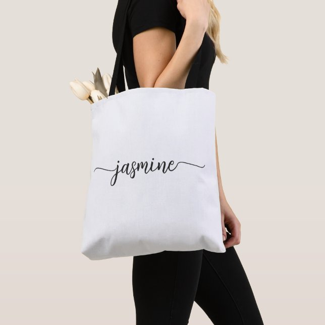 Girly Simple White Personalized Monogram Name Tote Bag (Close Up)